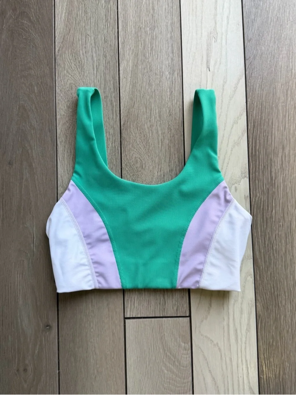 Colorblock Sports Bra in Mint, Lilac, and White